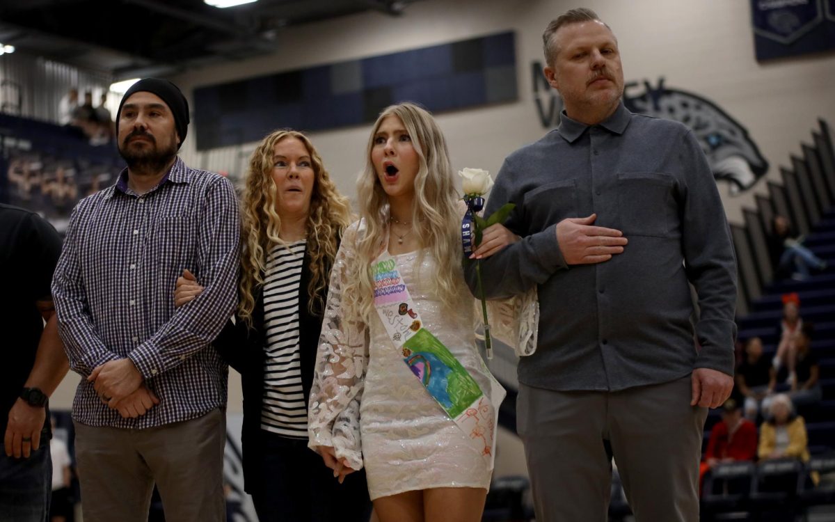 After hearing her name called as winter homecoming Queen, senior Violet Hentges looks in shock towards the crowd.