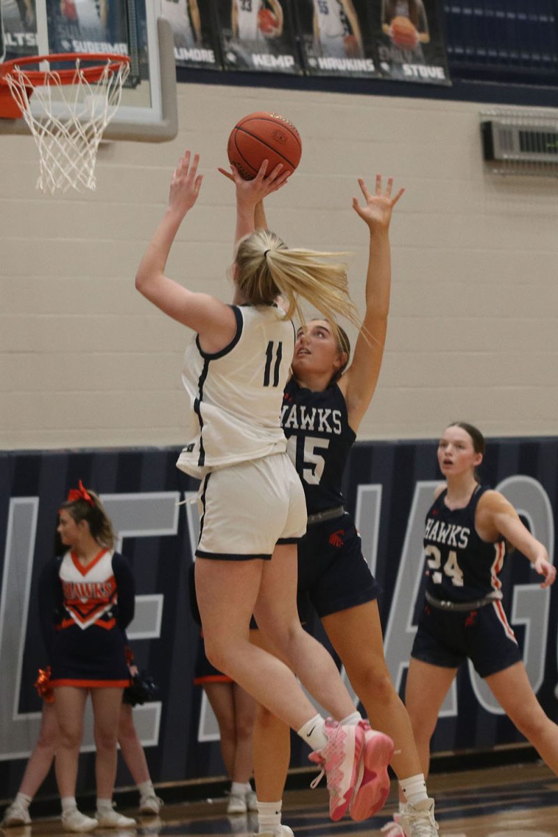 In the air, freshman Riley Riggs shoots the ball.
