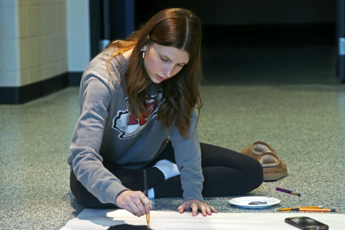 Sitting on the floor, junior Emmie Chezem paints one of the spirit day posters. 