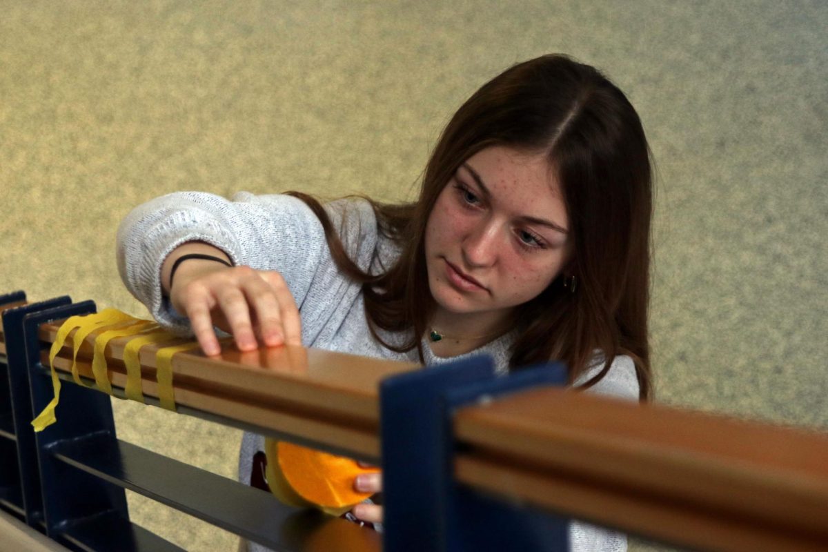 Streamers wrapping around, junior Gracie Kurzejeski decorates the stair railing. 