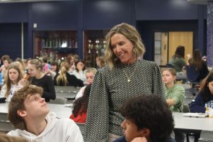 During third lunch, assistant principal Marilyn Chrisler jokes with sophomore Cannon Fields Wednesday, Feb. 28. Chrisler enjoys socializing with the students and spending her afternoons in the lunchroom.  