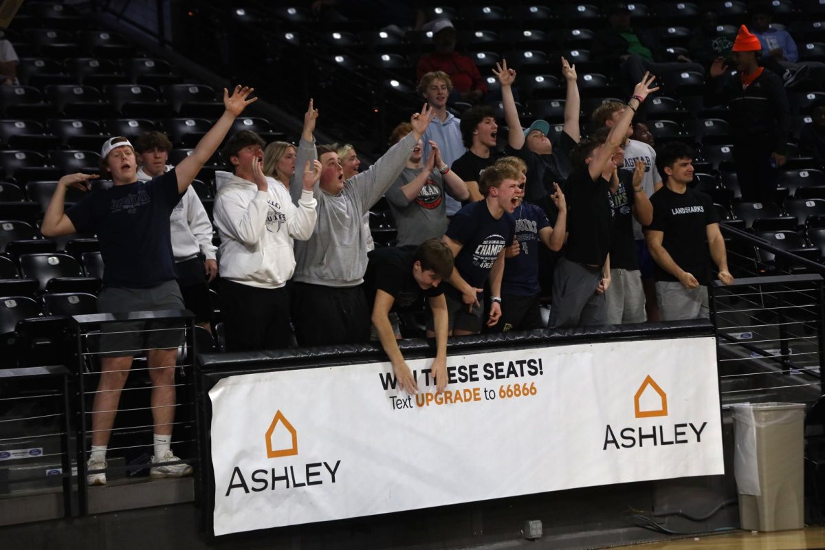 The student section celebrates after the Jags score a three pointer.