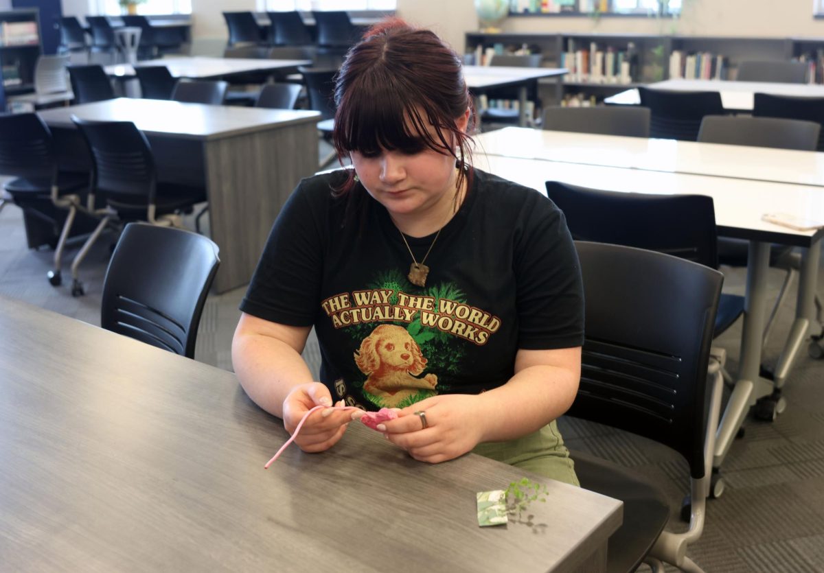 Freshman Em Ramsey looks at her finished work.