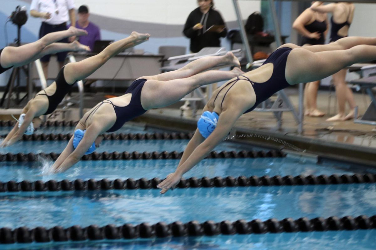 Diving into the water, senior Reagan Enemark and sophomore Claire Cooper start their 100 yard freestyle.