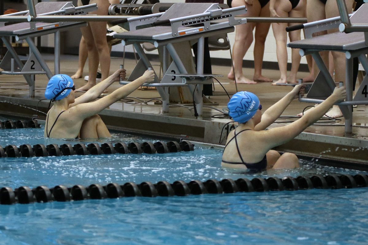Counting down moments til their backstroke, sophomores Abby haney and MacKenzie Clifton take their mark.