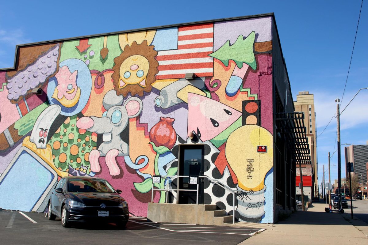 A mural by Rif Raf Giraffe adorns the back of the Dance Fit Flow studio at 1700 Locust Street.