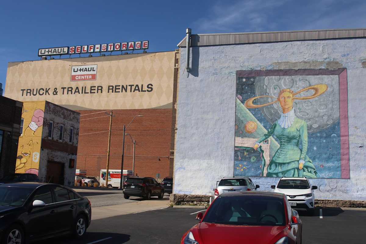Work by Sebastian Coolidge decorates the outside of a building containing artist studios and shops on Locust Street.