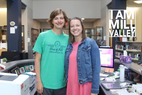 Media Center Specialist Ashley Agre poses with her son freshman Lucas Agre.