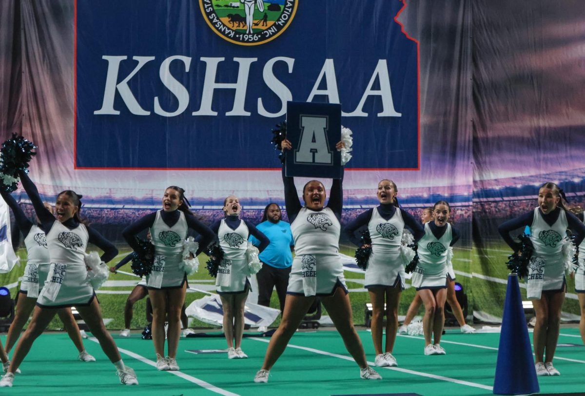 As a whole, the cheer team works together to perform their best on the mat.
