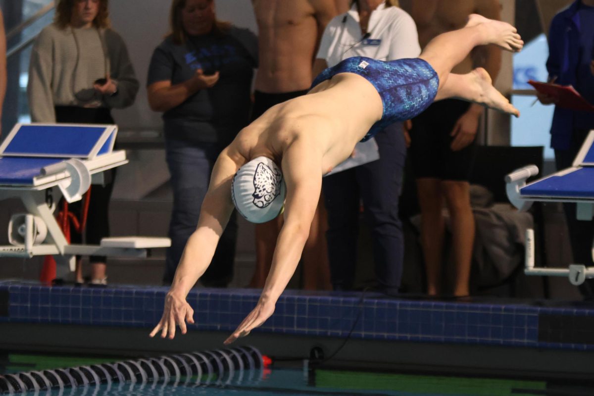 Diving into the water, senior Carson Reynolds begins his 100 meter breaststroke.
