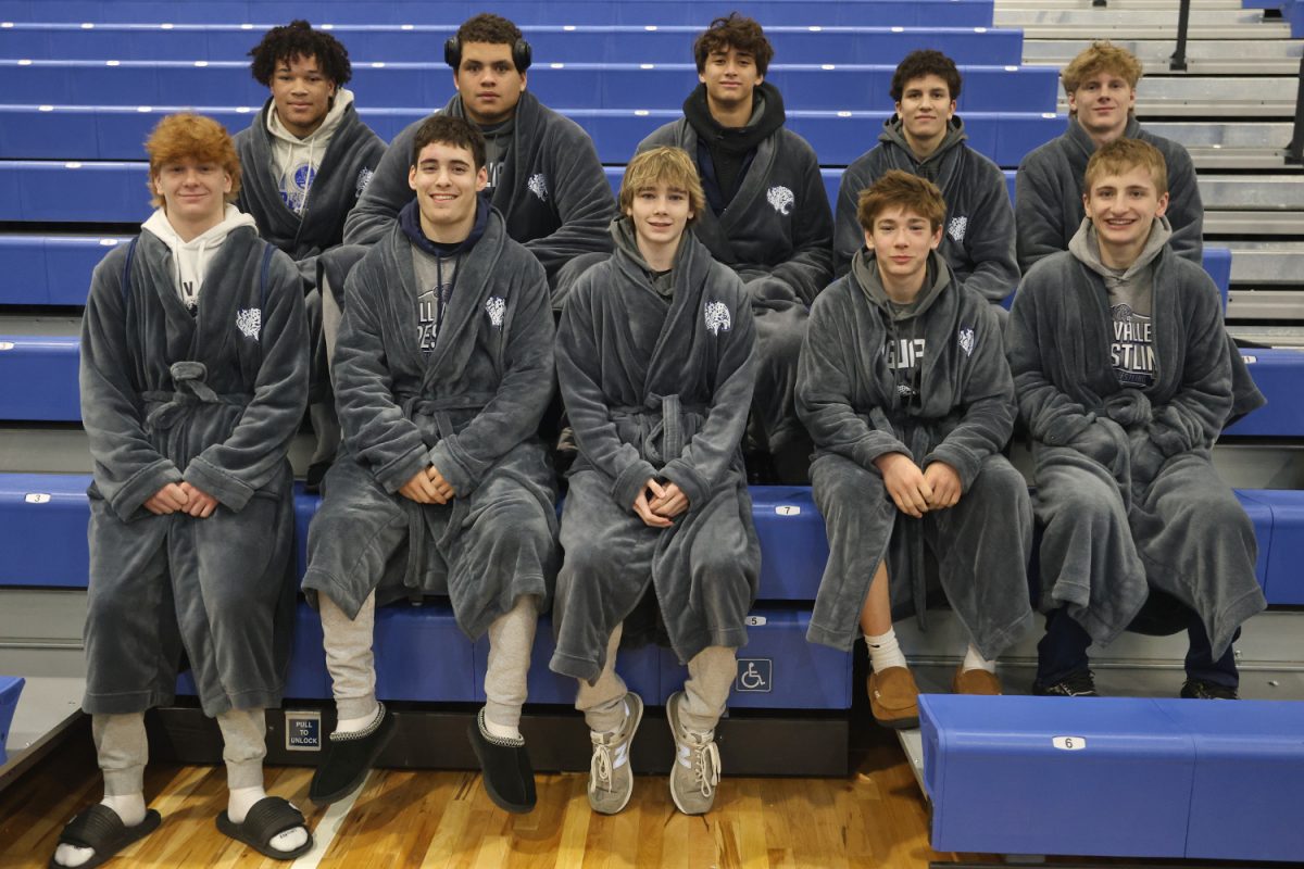 The ten state qualifiers for boys wrestling in their matching Mill Valley robes. 