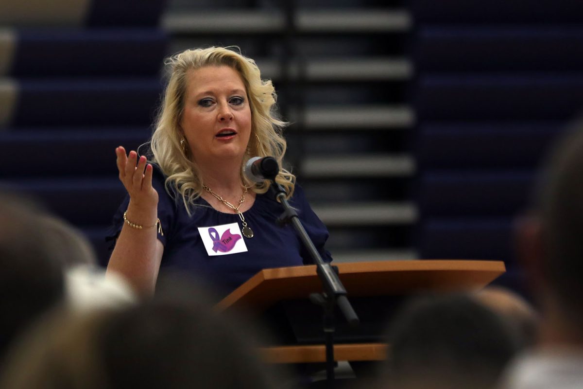 At the opening ceremony, social studies teacher Tina Keith speaks about both her and her husband’s experiences with cancer. 