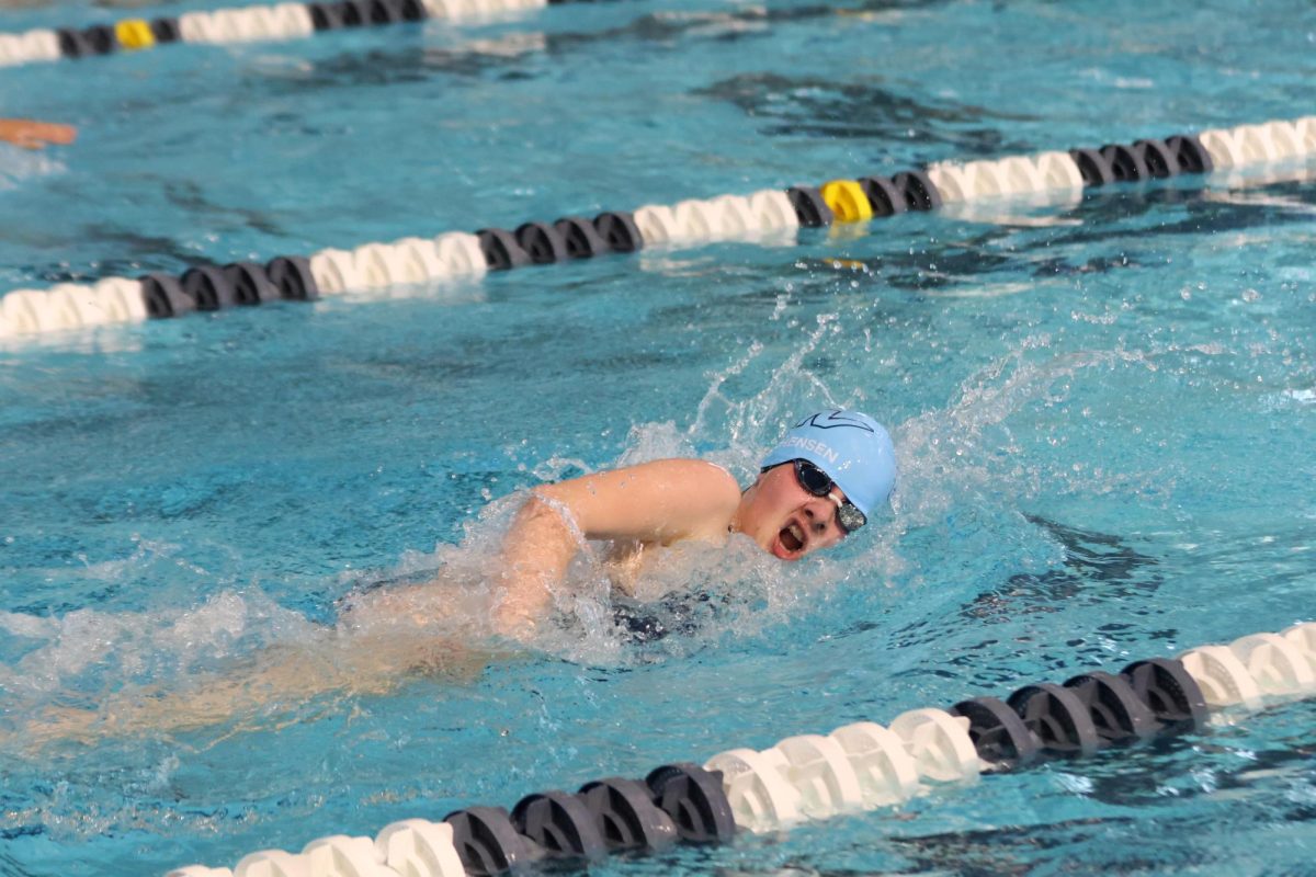 Coming up for air, junior Hannah Stephensen finishes her lap for the 100Y freestyle.