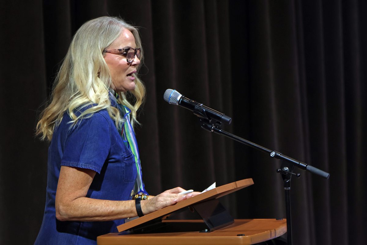 Filling in for drama teacher Jon Copeland, Dr. Gail Holder recognizes senior Allyson Makalous. 