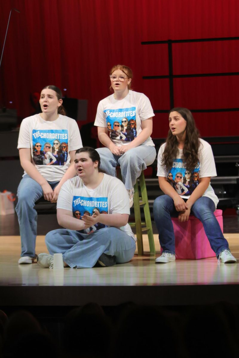 Sophomores Charlie Barrett, Lacey Jennings, and junior Josie Crossley sit behind junior Sam McCoy while singing the cup song.
