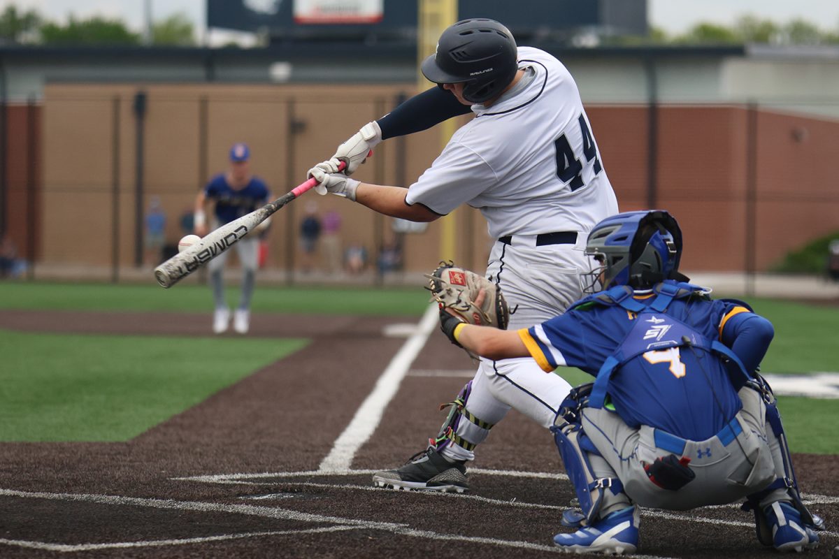Barrel extended, sophomore Easton Engelhart drives the ball to the gap for a double. 