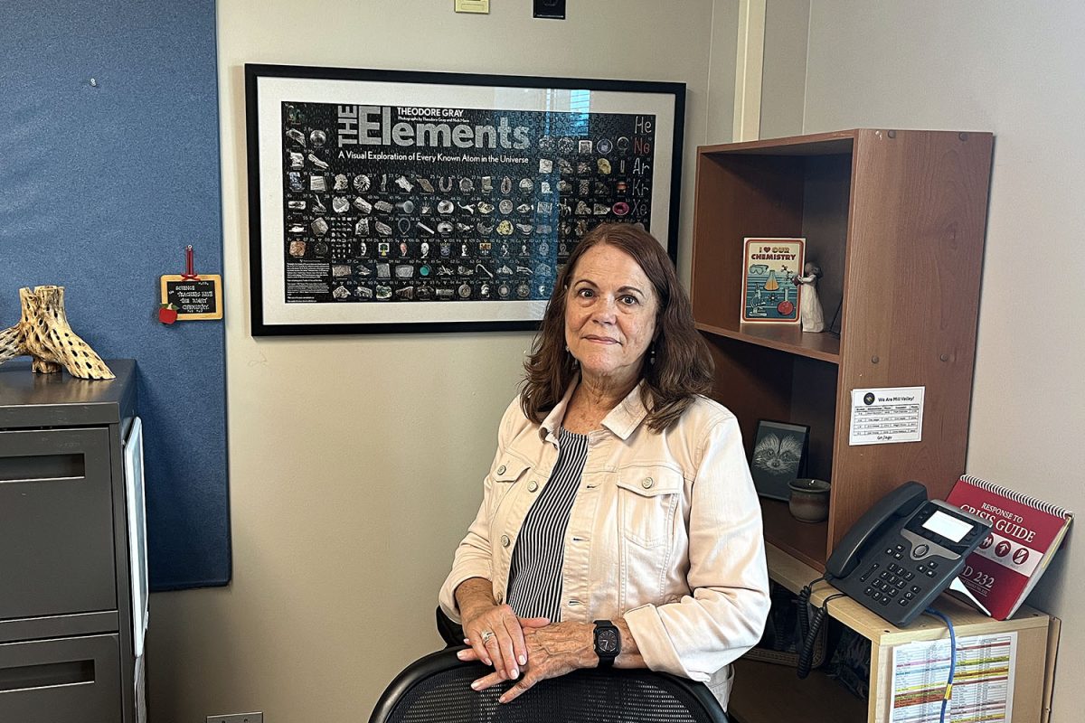 Chemistry teacher Stephanie Attig stands next to her desk, her favorite item on her desk is a photo of her grandchildren. 