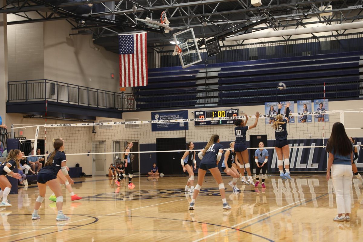 Soaring up high senior Leilah Perry and junior Josie Danielson go up for the block