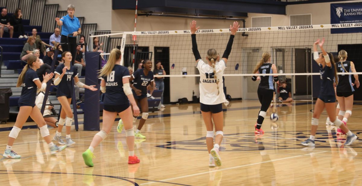 The volleyball team cheers after they win the point