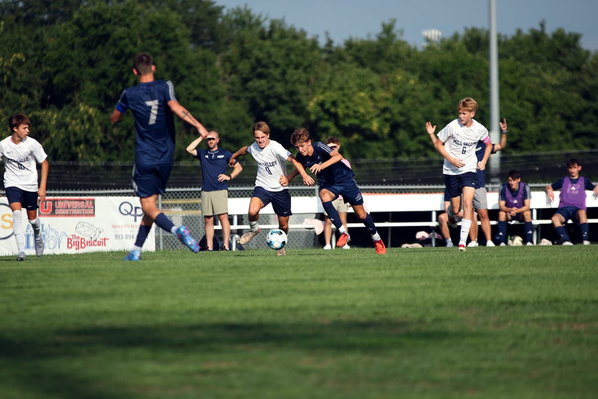 Sophomore Austin Brown races a St. James player to the ball. Tuesday Sept. 2.