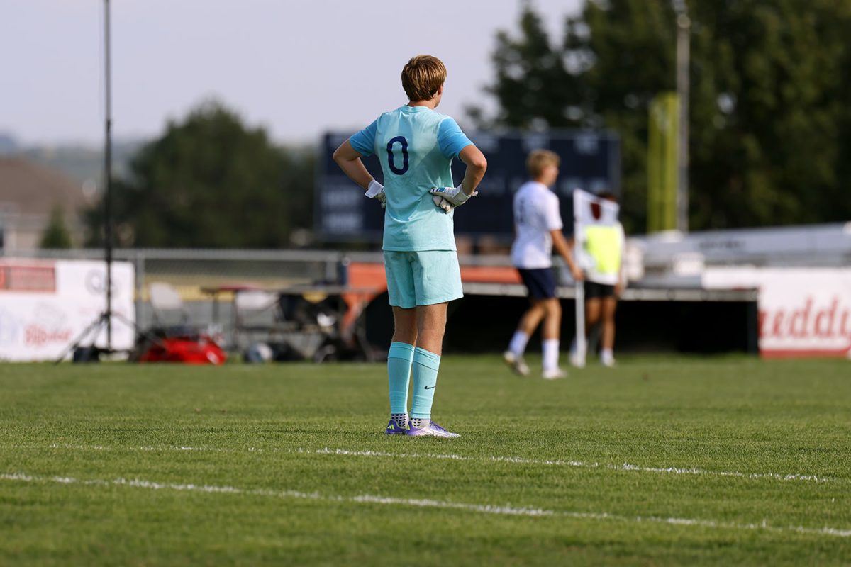 Goalkeeper Zane Hodson watches his fellow teammates make a run for the goal. Tuesday Sept. 2.