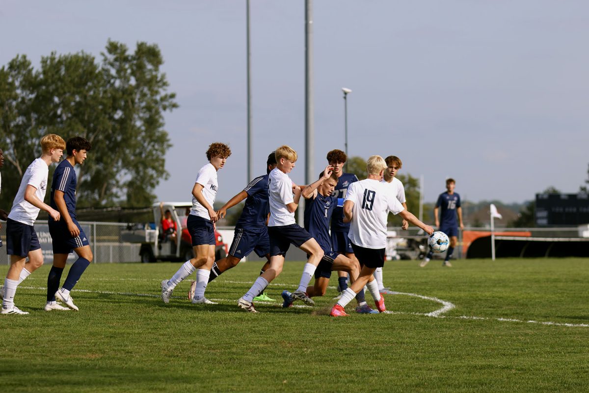 After a cross, sophomore Josiah Hayes attempts to clear the ball out of the box. Tuesday Sept. 2.