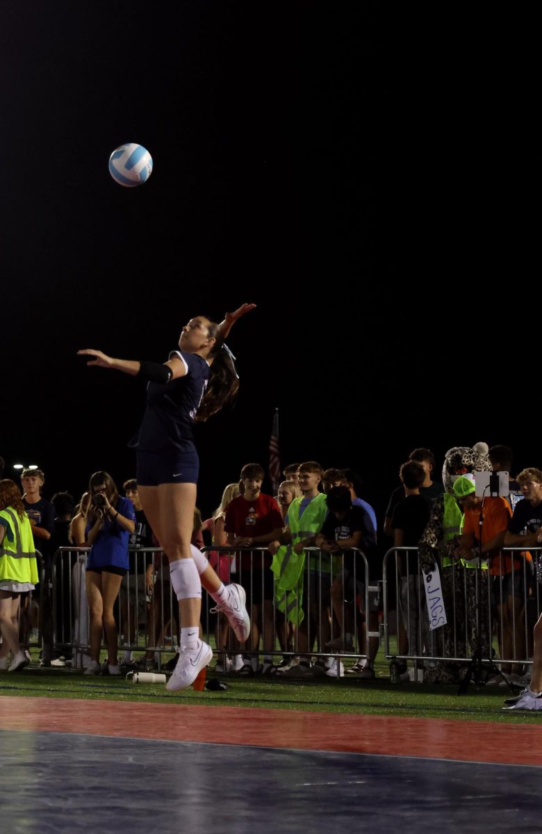 Serving the ball, sophomore Sophia Sturdy tries to win the point for the set.