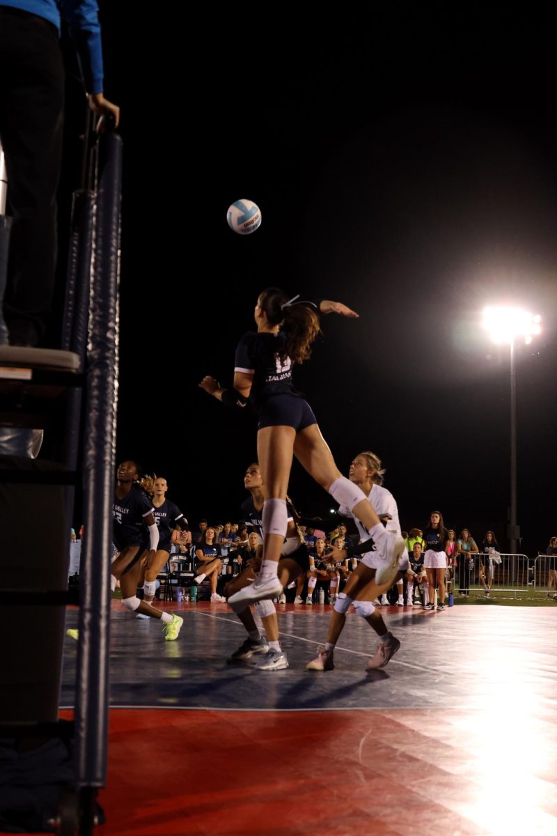 Sophomore Sophia Sturdy jumps high, attempting to get a kill.