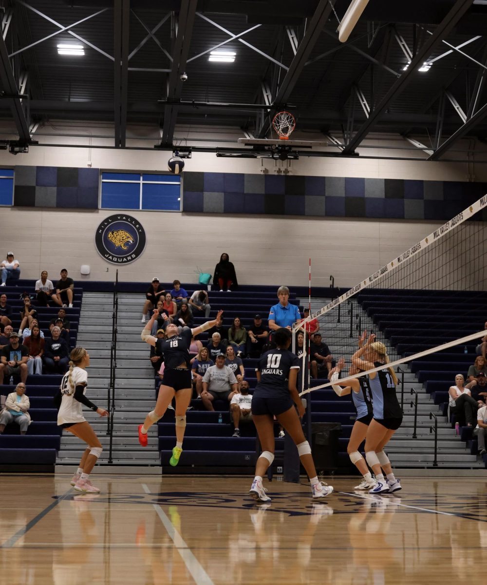 Jumping for the kill, junior Riley Riggs tries to win the point.