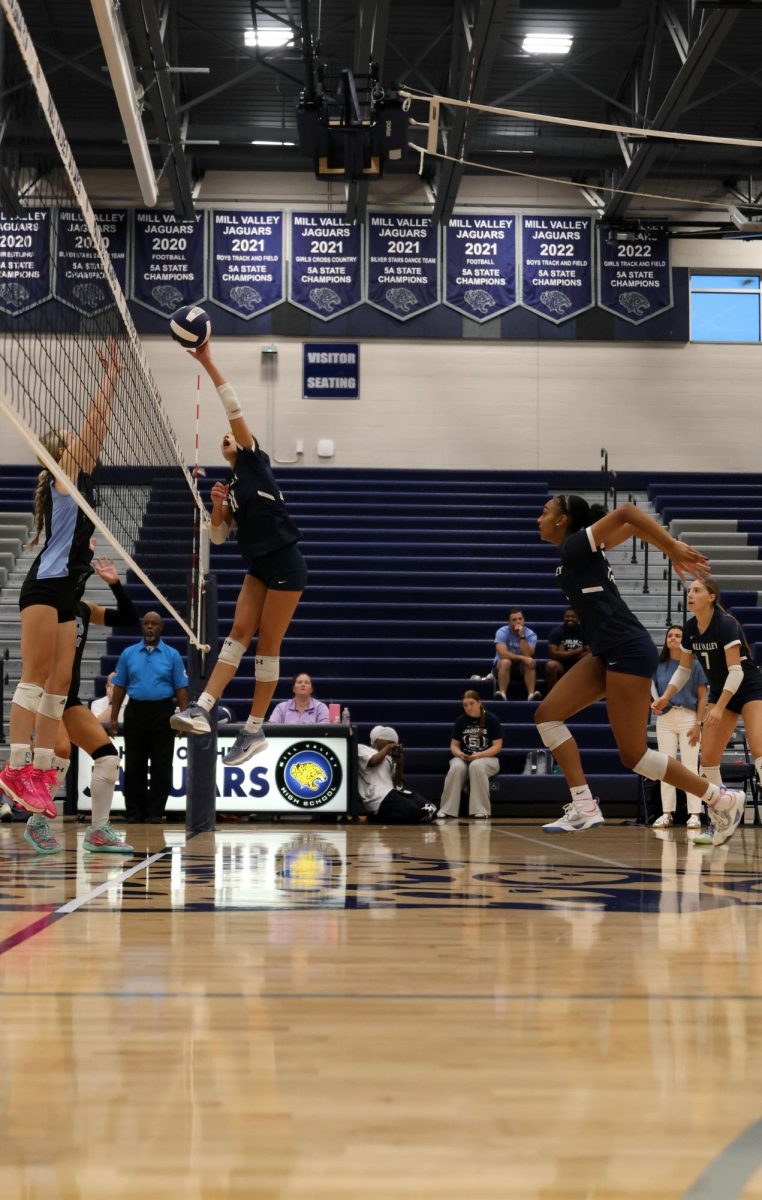Dumping the ball over the net, senior Ella Florez wins a point for the Jags.
