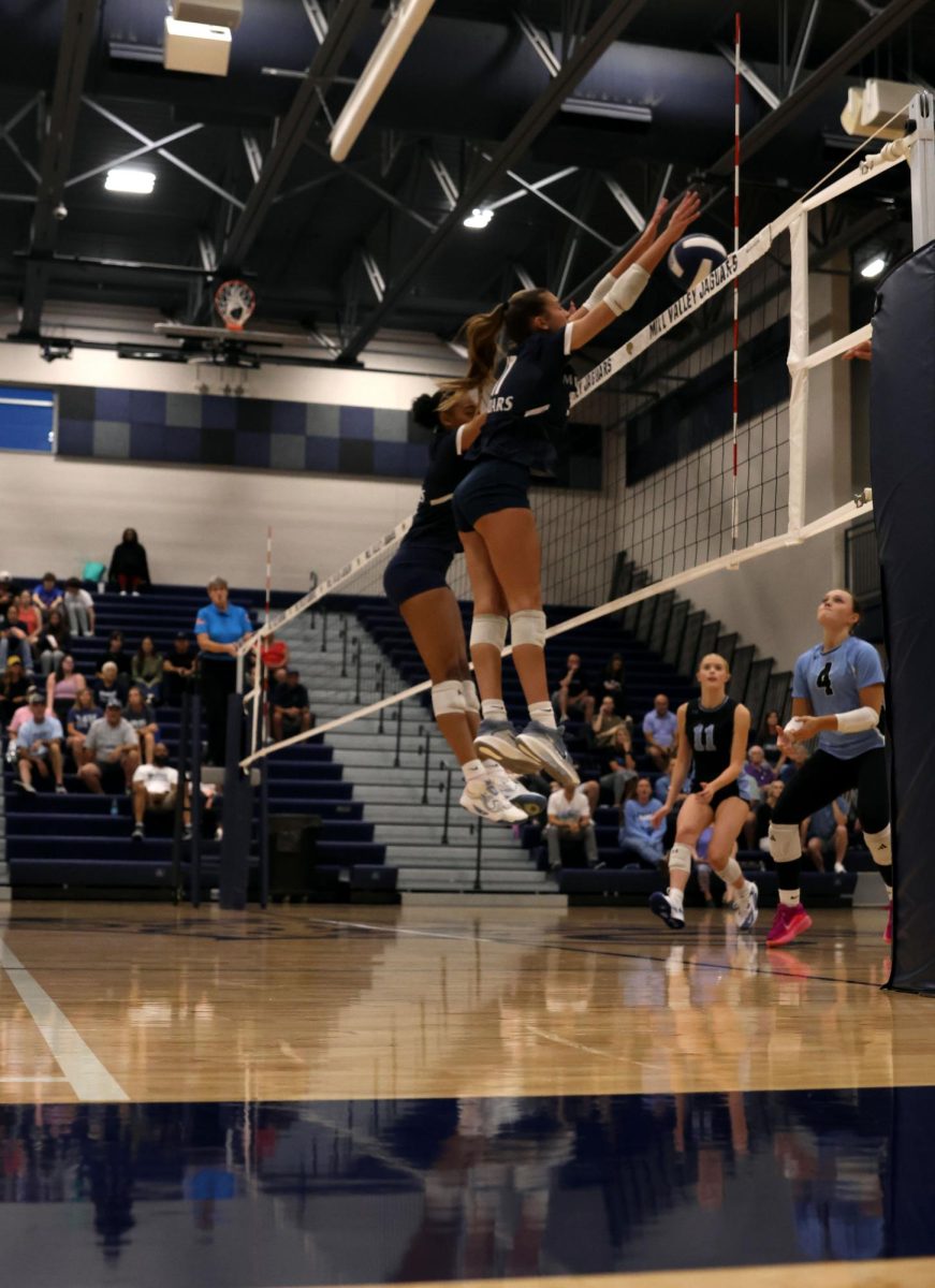 Seniors Ella Florez and Leilah Perry block the ball to win the point.