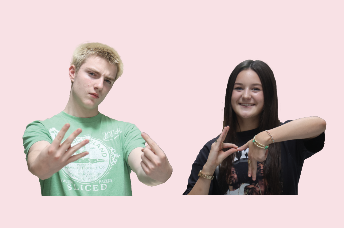 Sophomores Jack Musil (left) and Stella Goodman (right) use their hands to display different numerical brainrot terms Musil shows 41, a term inspired by the Blizziboi rap song while Goodman shows 6-7, a term from the Skrilla rap song. 