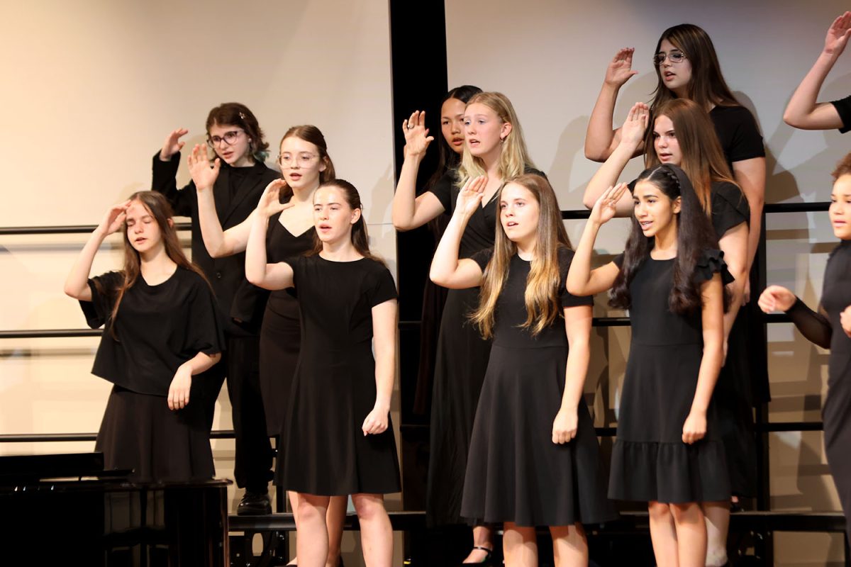 While the first choir group sings they also do hand motions to go along with their song during the concert. 