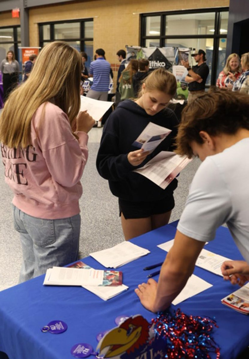 Sydney Streeter and Annabelle Singleton explore their options at The University of Kansas.
