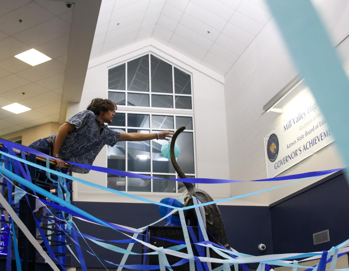 Leaning over stair ledge, senior Pete Williams tries again to hang the lamp on the jaguar statue
