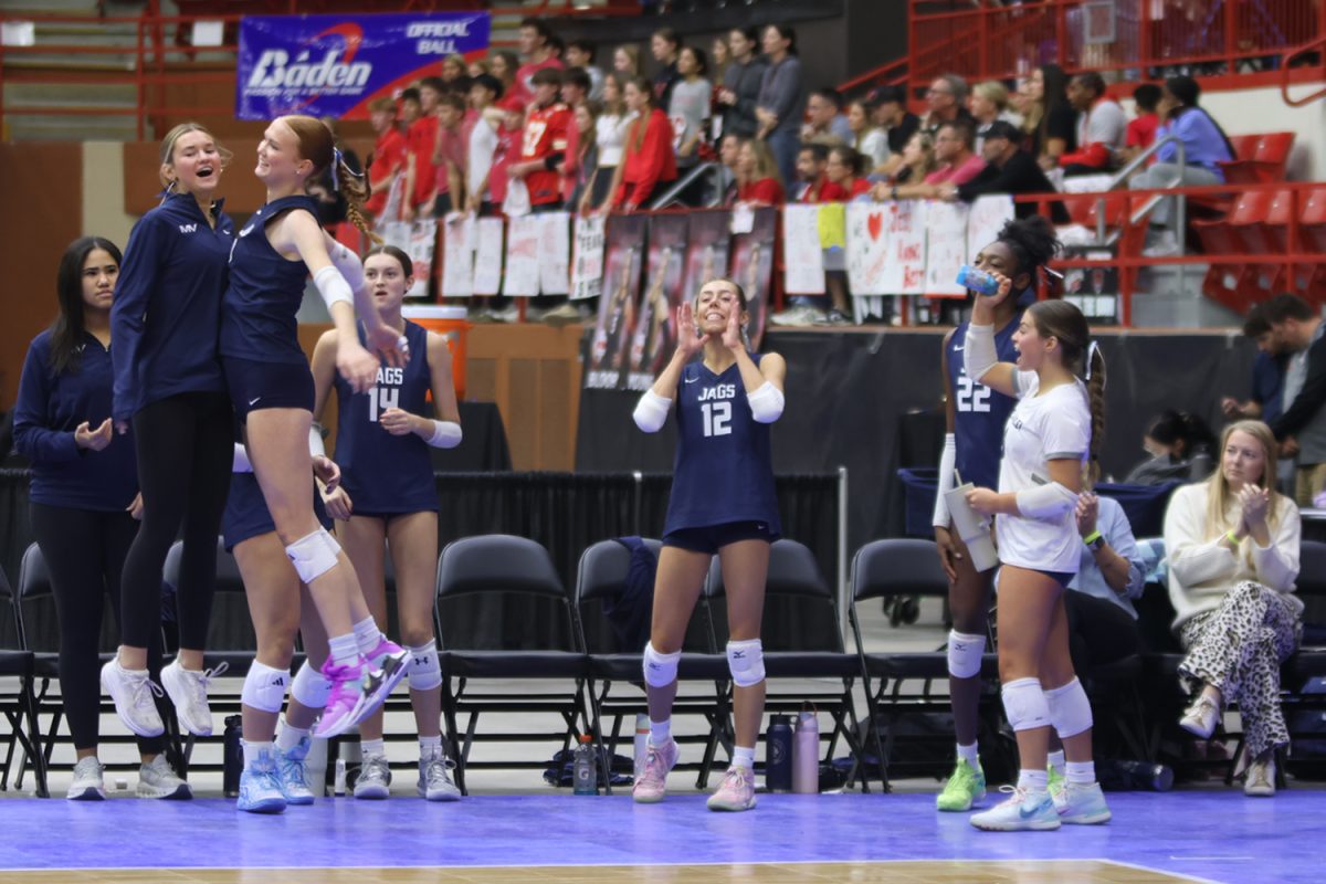 The bench reacts to a kill against Olathe Northwest in set three.