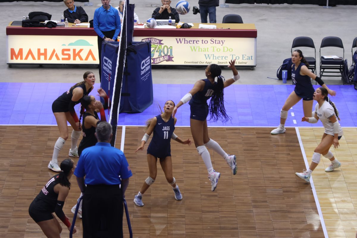 Senior Leilah Perry goes for the kill in set one of the semifinal match. The Jags lost to BVWest in straight sets.