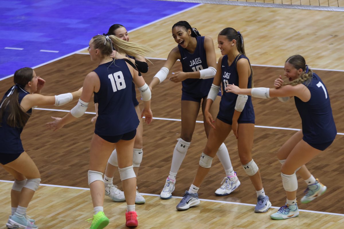 The team celebrates a dig by junior Skylar Kluck in the third place match Saturday, Nov. 1.