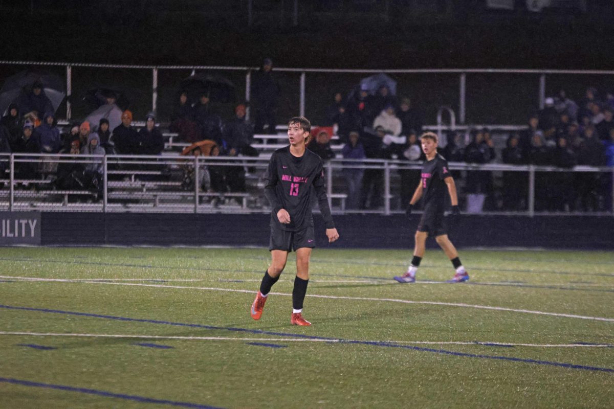 Sophomore Kohen Dick is ready to go as Olathe Northwest goes and takes a goal kick. 