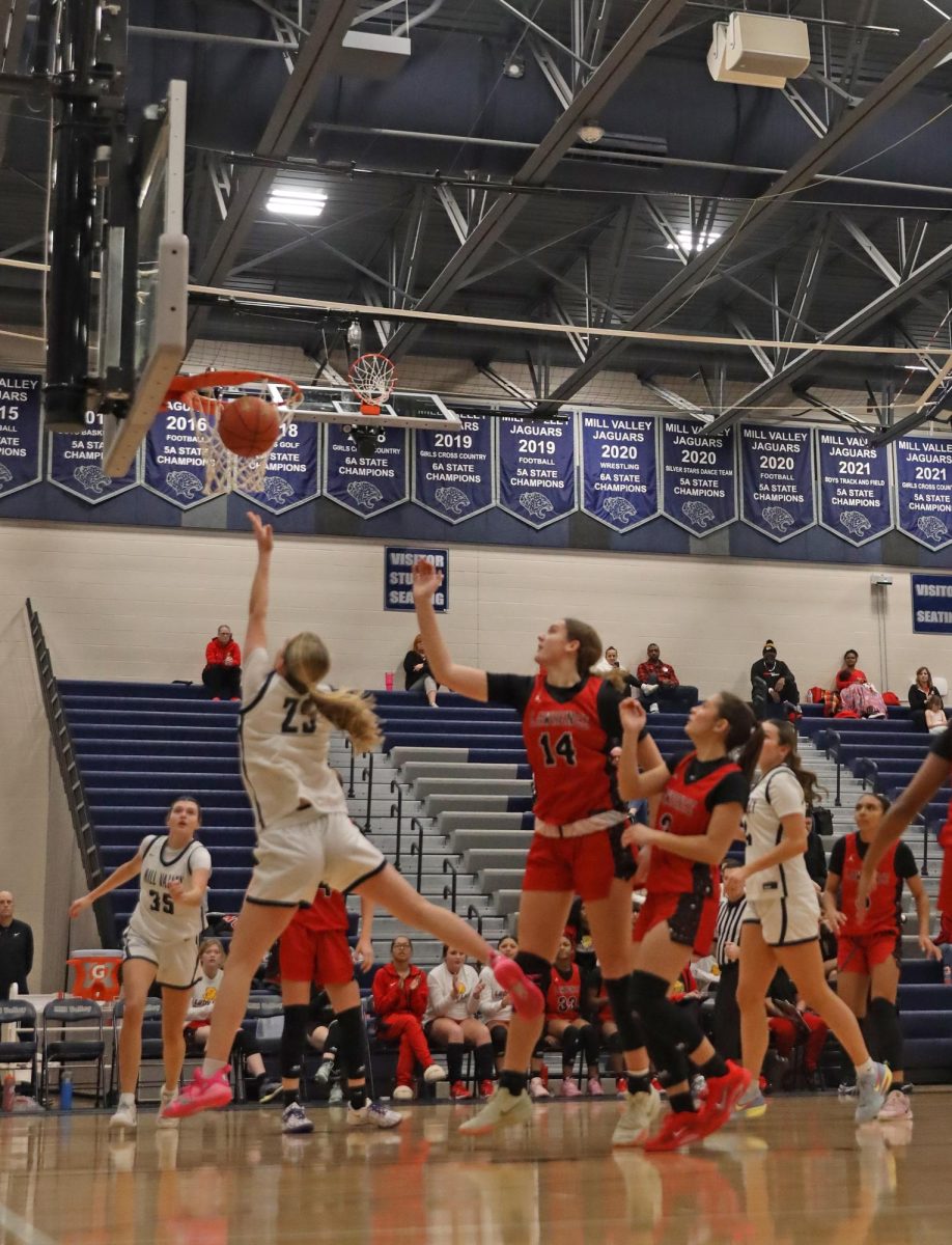 Under the basket, junior Riley Marshall draws a foul.