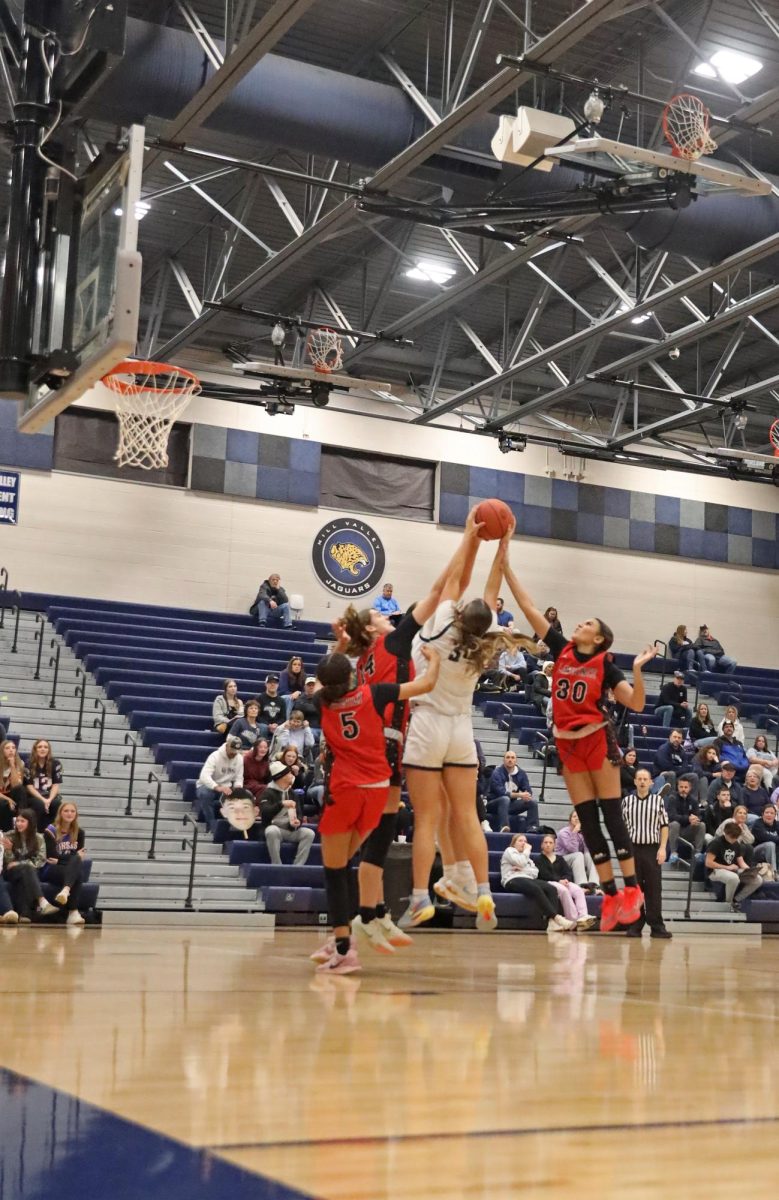 Reaching high, sophomore Emily Izatt gets the rebound.