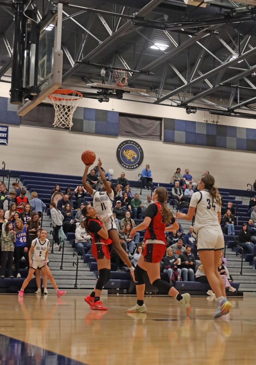 Drawing the foul, junior Biti Hasabu goes up strong against the defense.