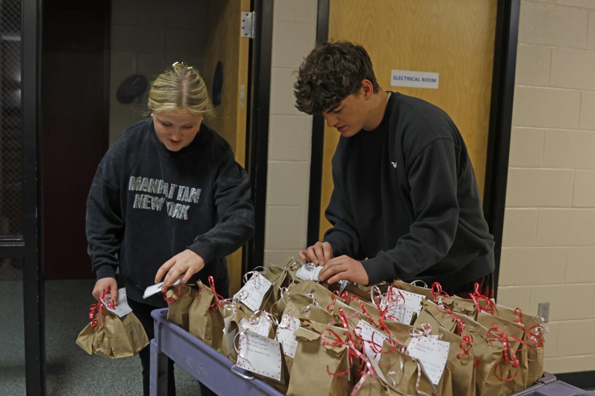 Junior Morgan Hennes and Junior Grant Livingston work together to deliver candy grams filled with treats and notes. 