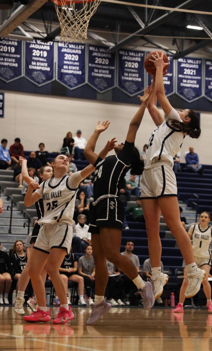 Reaching high, senior Paige Roth jumps for the rebound.