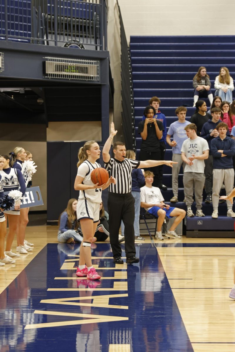Ball in hand, junior Riley Marshall prepares to throw the ball in to her teammates.