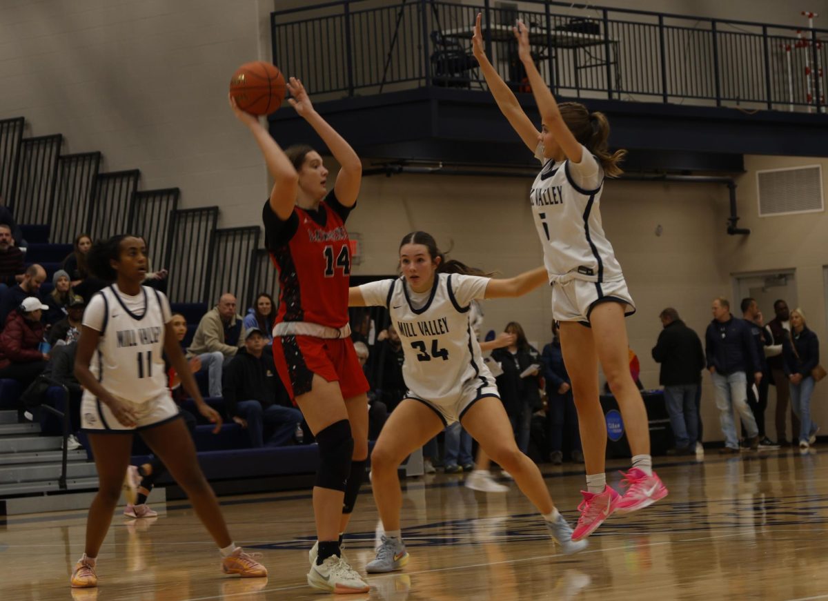 Jumping in the air, sophomore Elin Diskin attempts to block the pass
