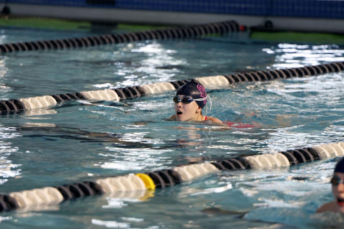 freshman Penelope Prewitt races neck-and-neck in the final stretch of a freestyle heat on monday apr 13