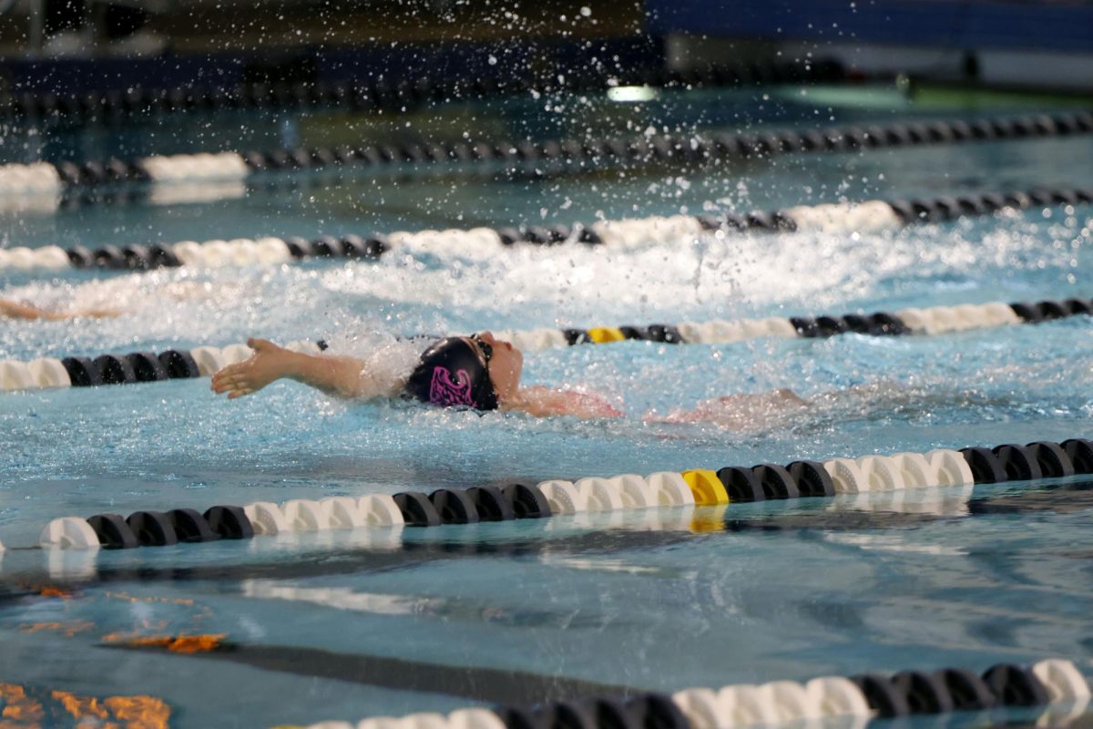 senior Mckinley Kendall cuts through the water during the backstroke event on monday apr 13