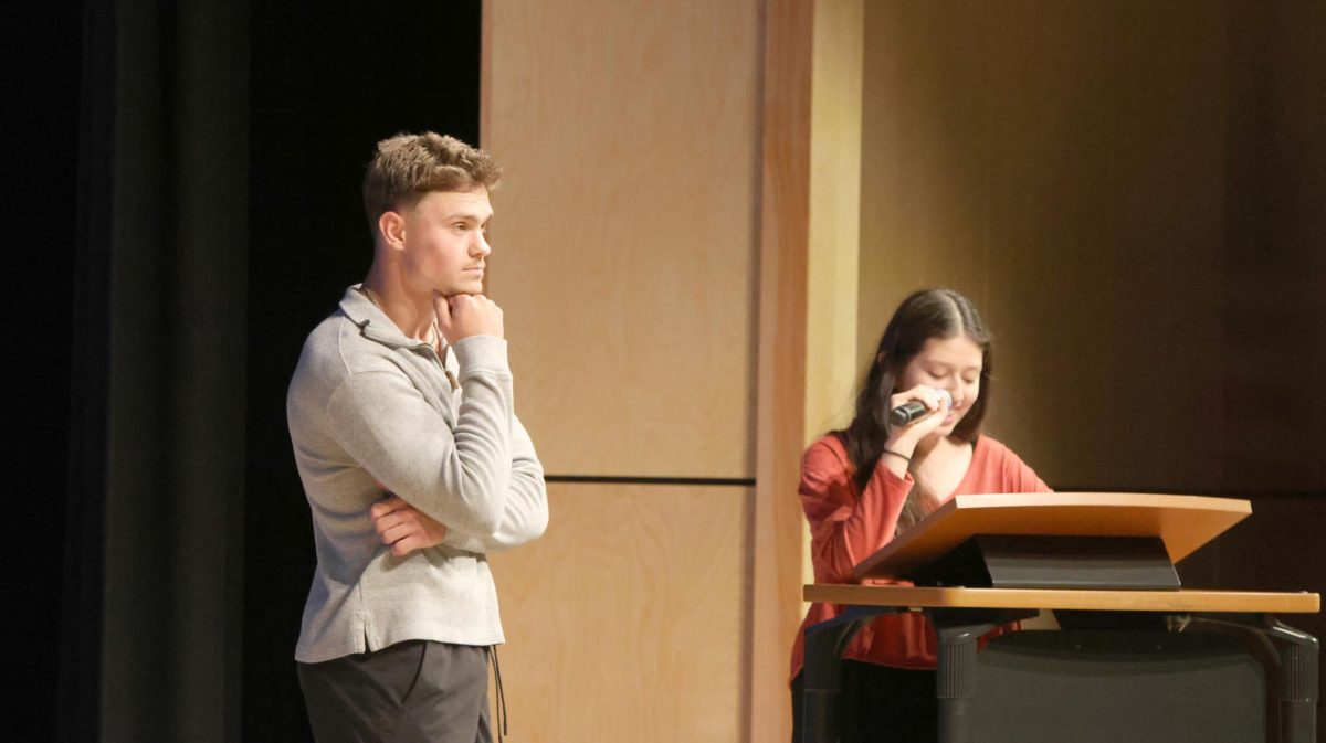 Senior Landon Stockwell ponders his answer to junior Natalia Castillejos-Ramirez's question during Mr. Mill Valley