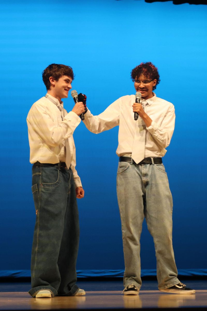Seniors Nathanial Petrowsky and Elliot Edwards perform their rendition of “A Man and a Puppet” for their talent portion of Mr. Mill Valley, Wednesday, April 22. 